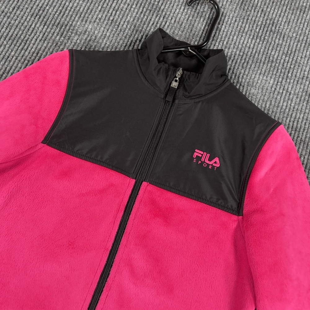 FILA Sport Jacket Womens XS Pink Black Fleece Full‎ Zip Stand Collar Pockets